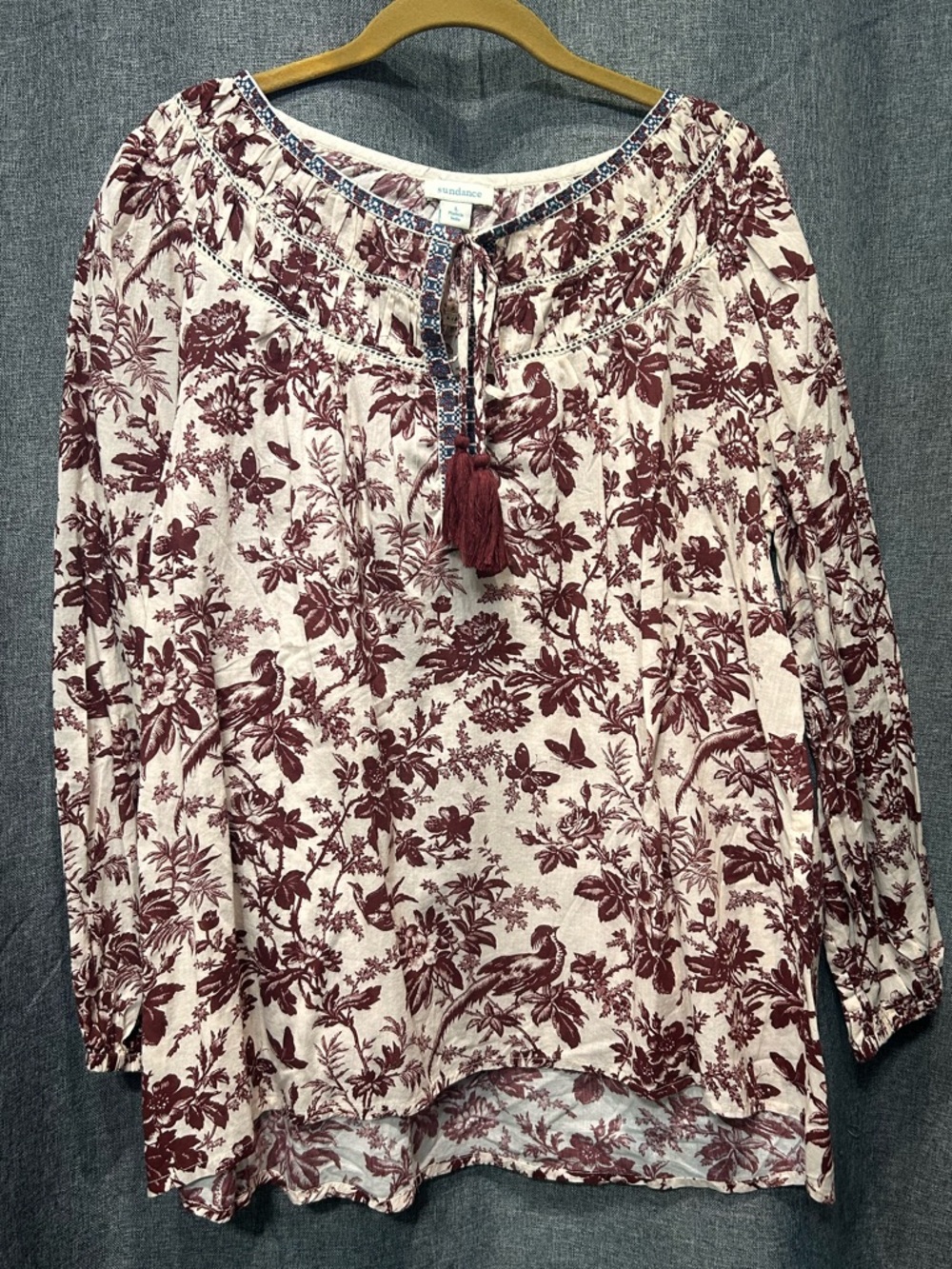 Sundance Loise Toile Long Sleeve Peasant Floral Cotton Boho Blouse Top Size L - Picture 2 of 5